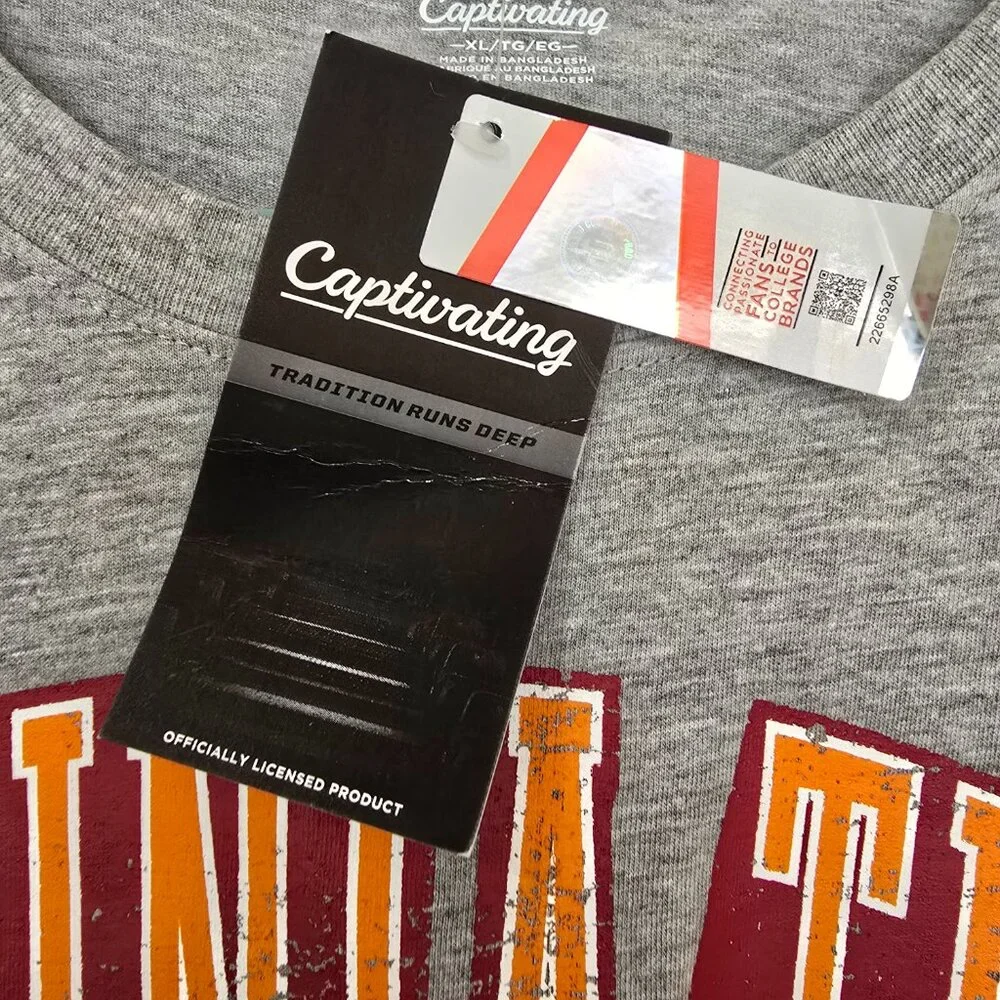 Virginia‎ Tech Men's Captivating Brand Cotton Blend T-Shirt Gray Size XL NWT